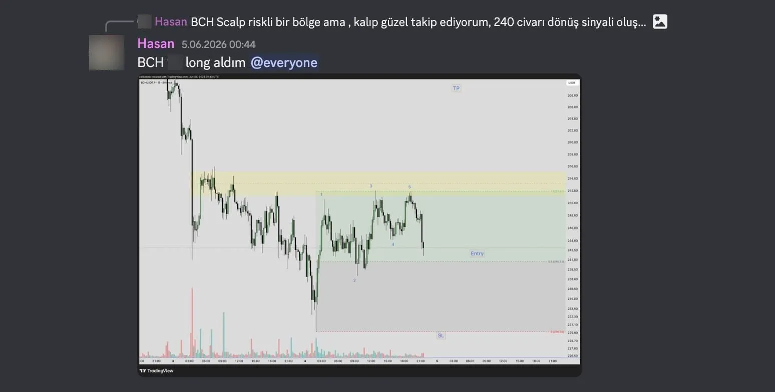 Discord mesajı ve BCHUSDT 15 dakikalık grafik: 240 bölgesinden dönüş, Entry, TP ve SL etiketleri; mesajdaki miktar bulanık