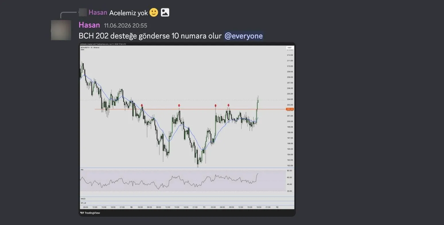 Discord mesajı ve BCHUSDT grafiği: 202 seviyesi turuncu çizgiyle işaretli, fiyat seviyenin üstüne çıkmış, altta RSI