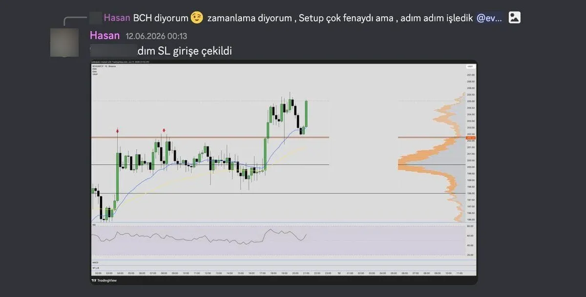 Discord mesajı ve BCHUSDT 15 dakikalık grafik: fiyat 202 seviyesinin üstünde; mesajın bir kısmı ve Binance kartı kapatıldı