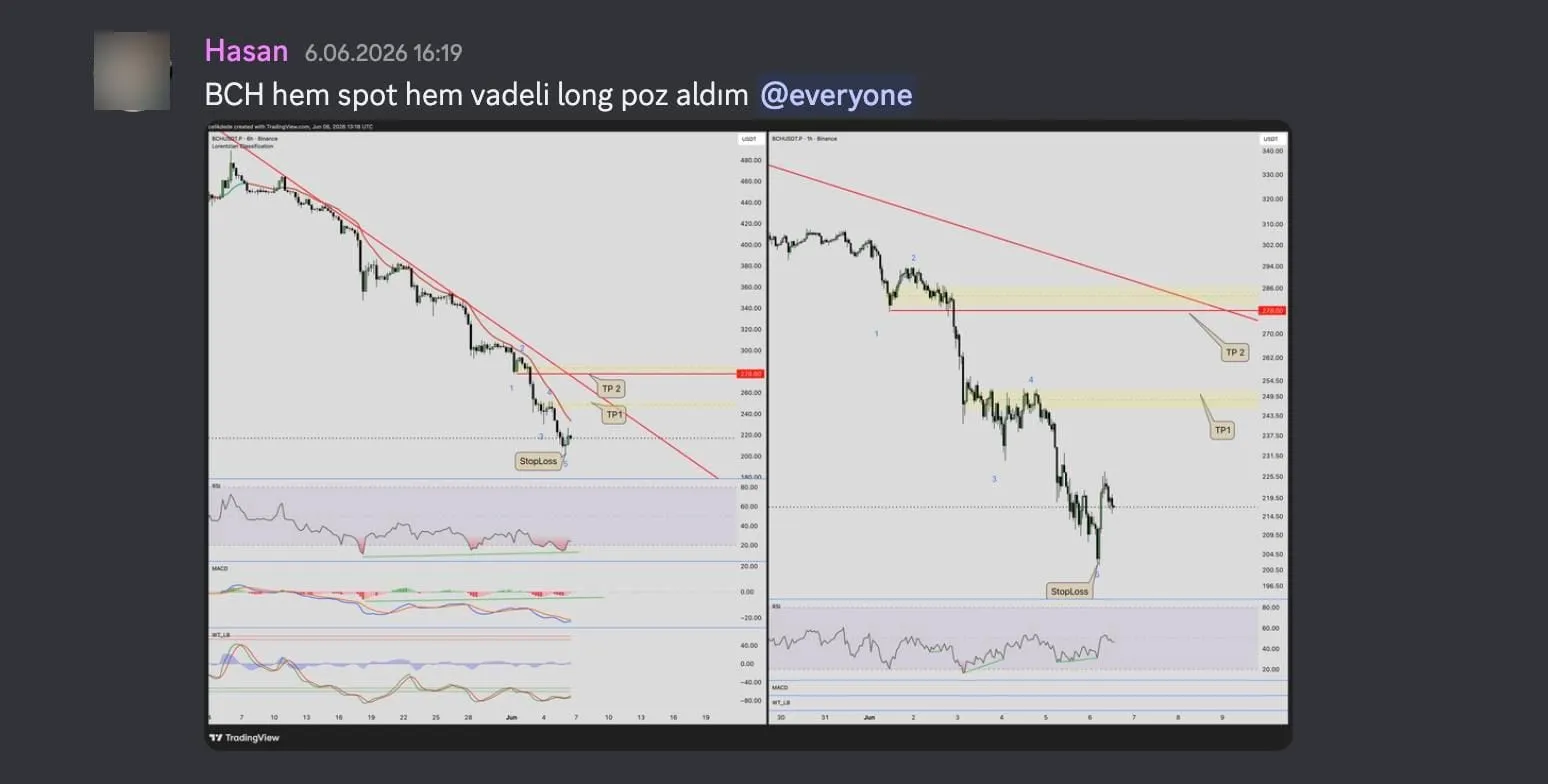 Discord mesajı ve iki BCHUSDT grafiği: sert düşüşün sonunda StopLoss etiketi, TP1 ve TP2 bölgeleri, RSI